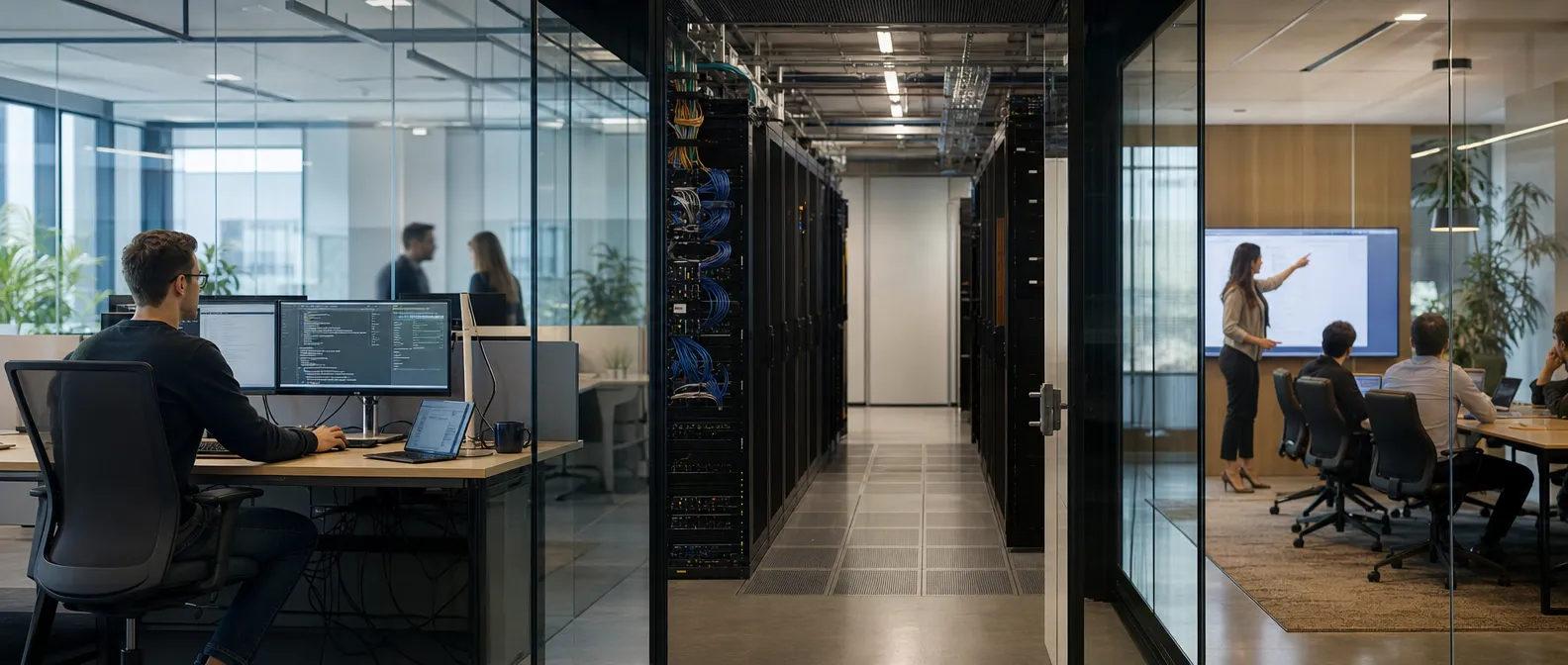 Enterprise office, private server room, and operations meeting