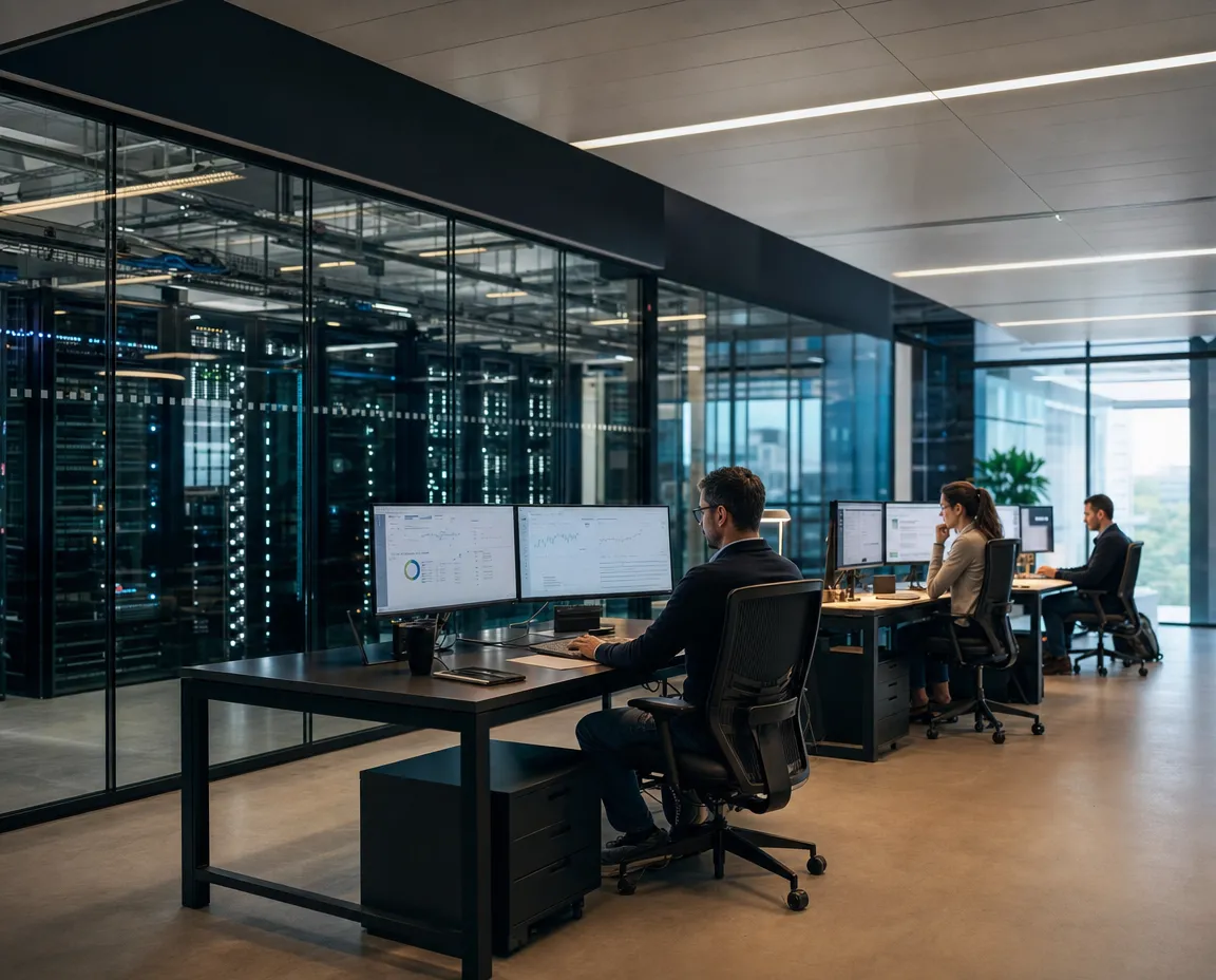 Enterprise operations team working beside private data-center infrastructure