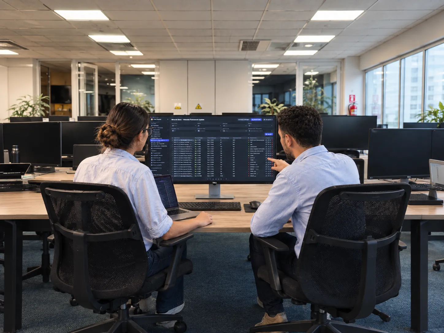 Two software engineers reviewing the Time Tracker dashboard in the Miracle Devs office